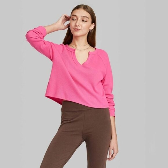 Wild Fable Women's Long Sleeve V-Neck Waffle Boxy T-Shirt Pink Medium - Picture 1 of 5